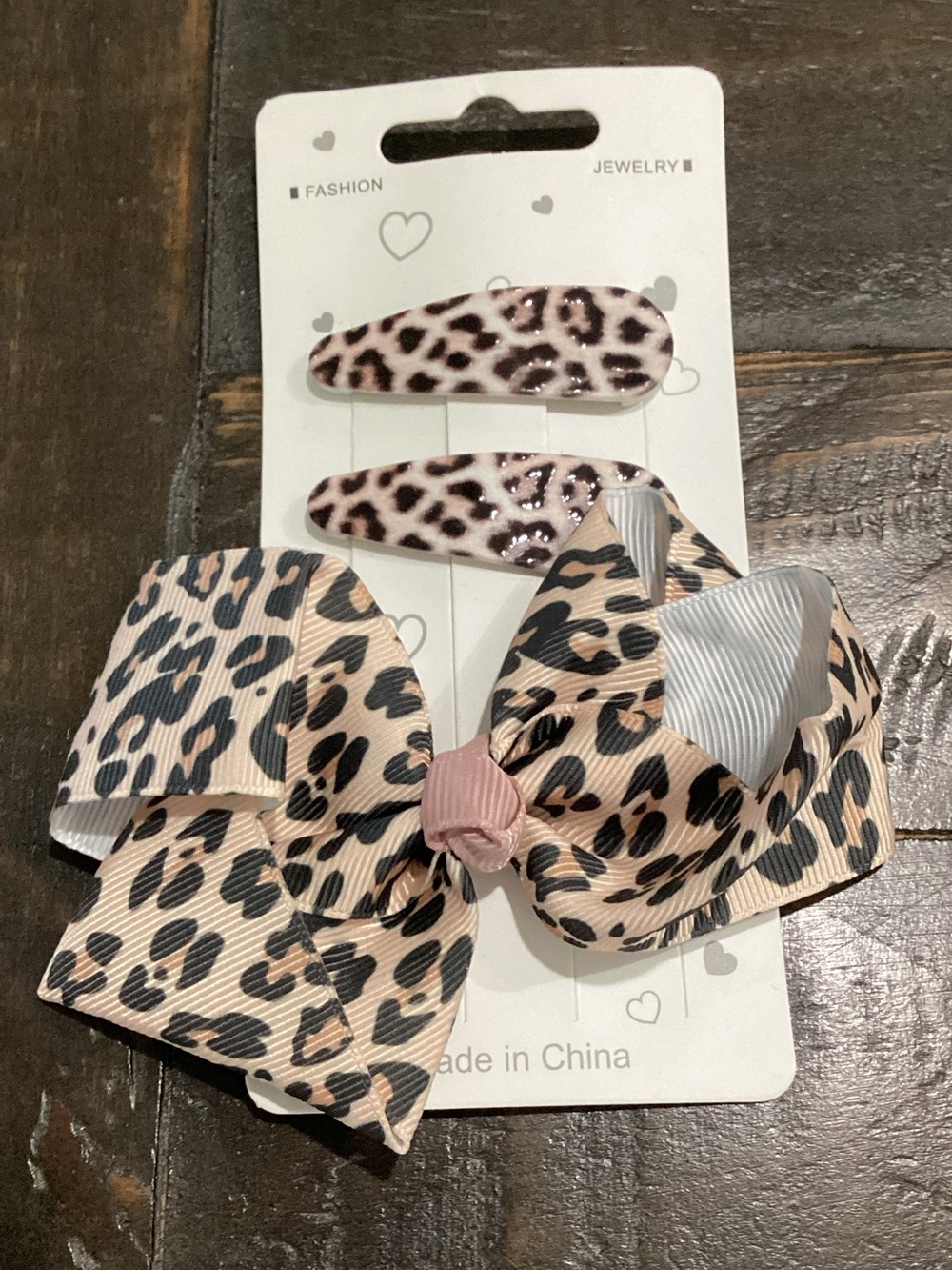 Fashion Jewelry Leopard Print Pink Bow and Snap Clips Set